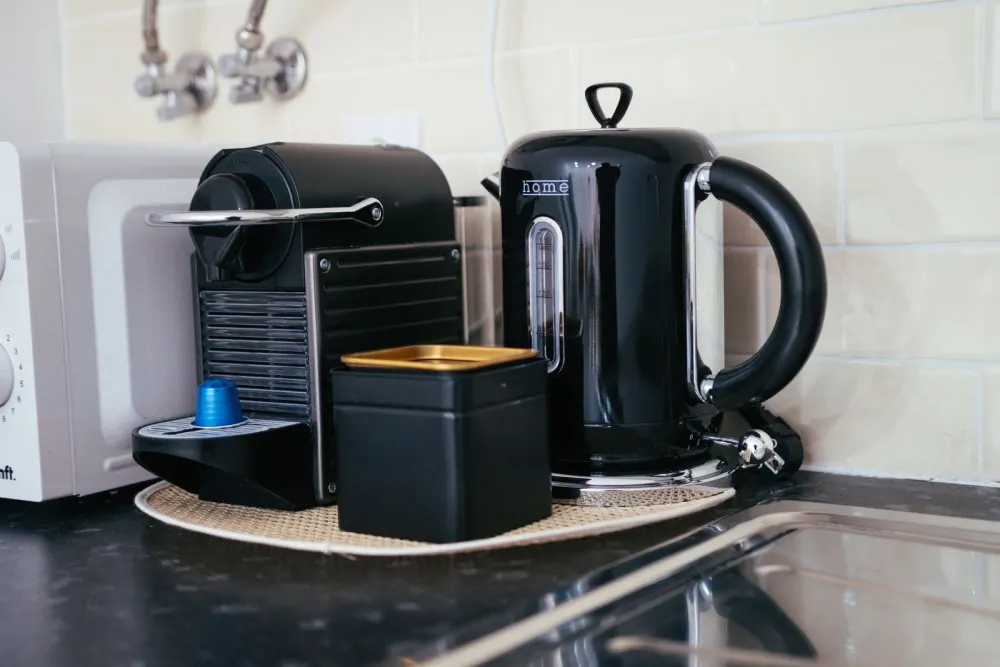 Microwave oven and appliances on a kitchen counter